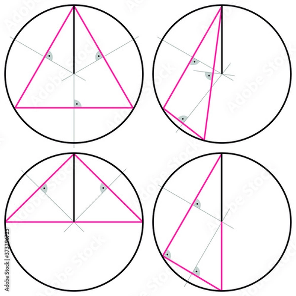 Fototapeta Construction of a circle circumscribed on a triangle. Two-dimensional geometric figure on a white background.