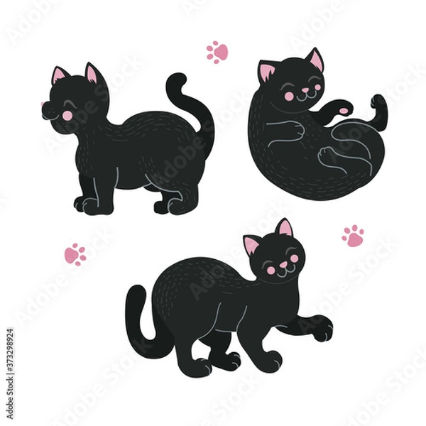 Fototapeta Set of images of cute black cat in various poses. Kittens play isolated on white background, vector eps 10 illustration
