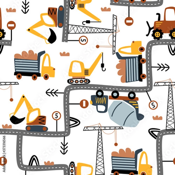 Fototapeta seamless pattern with trucks and bulldozers - vector illustration, eps