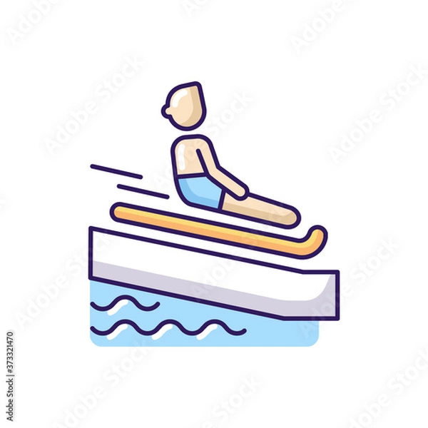 Fototapeta Swimming mat RGB color icon. Waterslide riding rules, aqua park entertainment. Active recreation. Tourist sliding on inflatable mattress isolated vector illustration