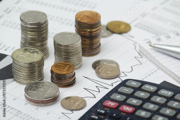 Fototapeta Russian coins with different economic graphs and charts