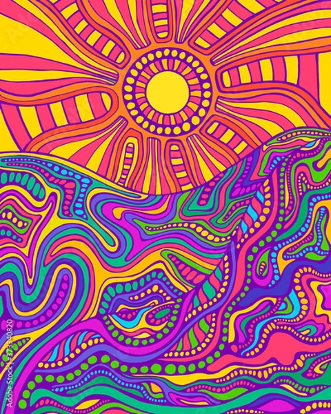 Fototapeta Psychodeliczny krajobraz w stylu retro hippie ze słońcem i górami.