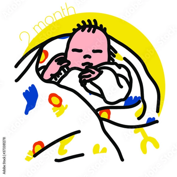 Fototapeta 2month-柄付きのスワドル、おくるみに巻かれて寝ている赤ちゃんのイラスト