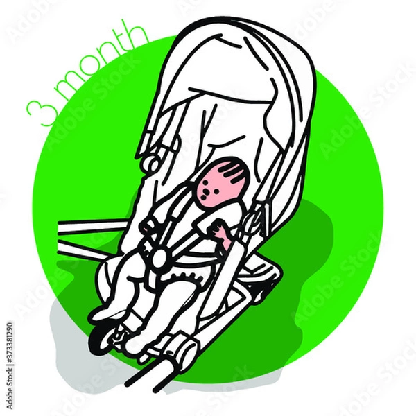 Fototapeta 3month-ベビーカーでお散歩する赤ちゃんのイラスト