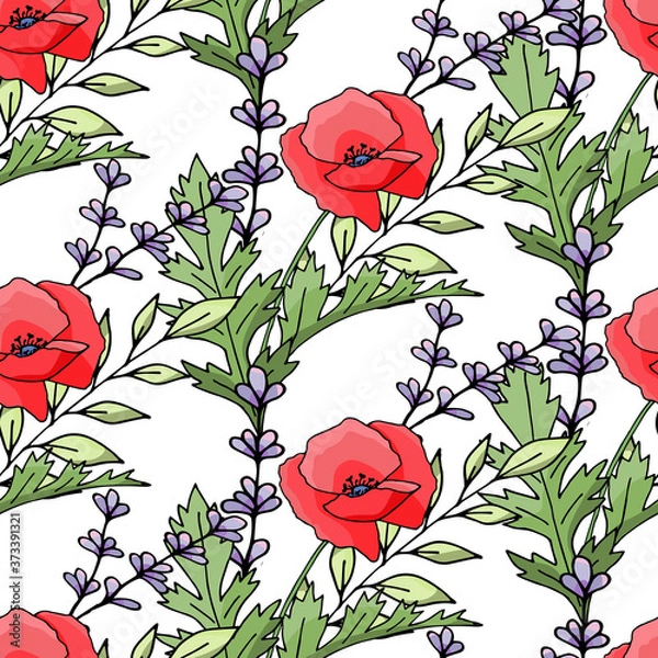 Obraz Vintage poppy seamless pattern, great design for any purpose. Doodle style texture. Geometric floral background. Fabric wallpaper with print texture.