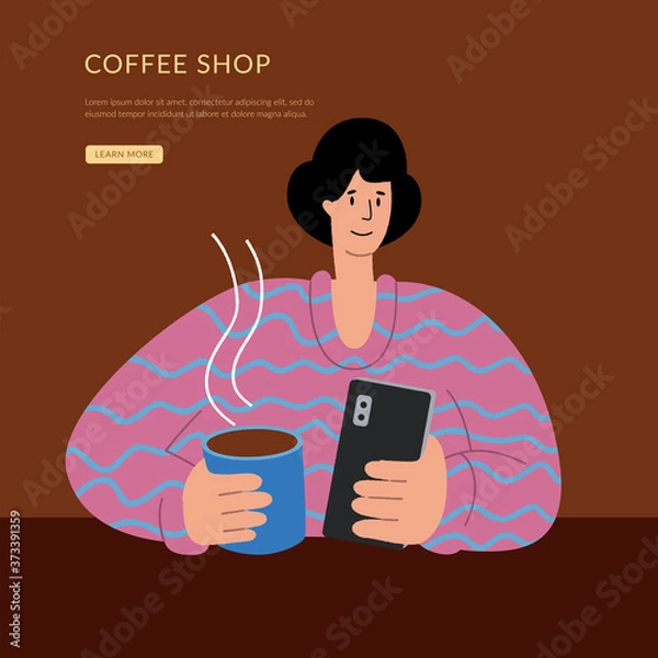 Fototapeta  The man with the phone is drinking coffee. Coffee shop landing page for small business. Homepage website layout design concept.