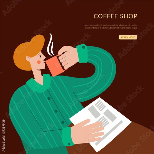 Fototapeta A man with a newspaper is drinking coffee. Coffee shop landing page for small business. Homepage website layout design concept.