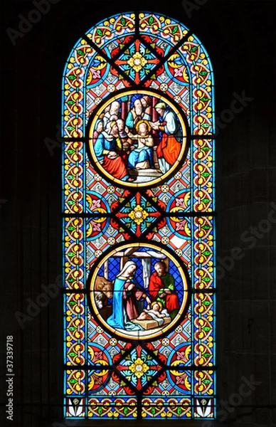 Obraz Nativity Scene. Stained glass window in the Basel Cathedral.