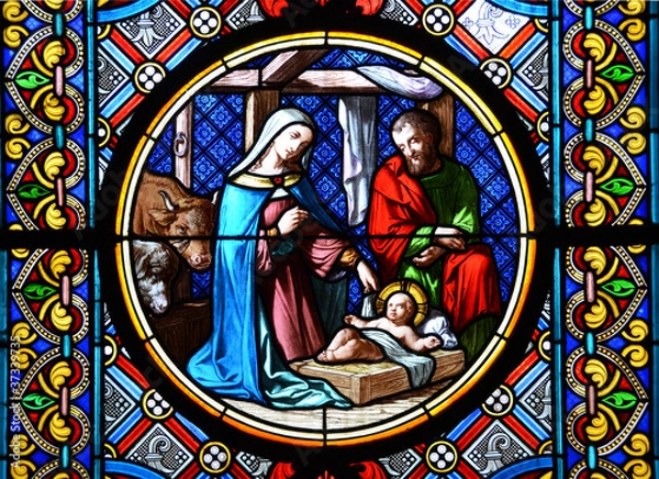 Obraz Szopka. Witraż w katedrze w Bazylei.