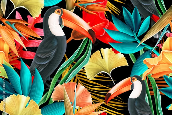Obraz Seamless pattern design with Toucan bird and Tropical leaves.