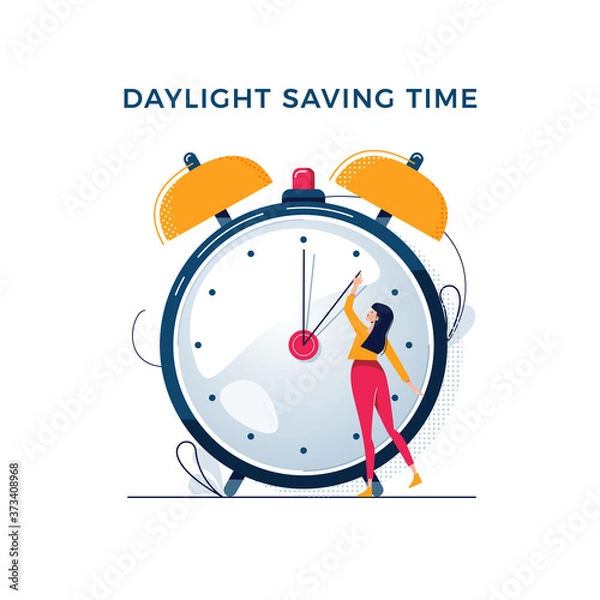 Fototapeta Daylight saving time illustration. Young woman turns the hand of the clock. Turning to winter or summer time, alarm clock vector design. Character in modern flat art style for your tiny people concept