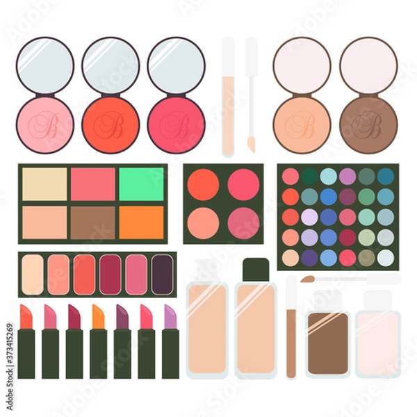 Fototapeta Large collection of cosmetics. Eye shadow, blush, powder, foundation, concealer, lipstick. Set of vector flat icons isolated on white background.