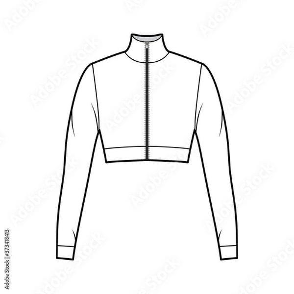 Obraz Zip-up cropped turtleneck jersey sweater technical fashion illustration with long sleeves, close-fitting shape. Flat outwear jumper apparel template front white color. Women men unisex shirt top CAD