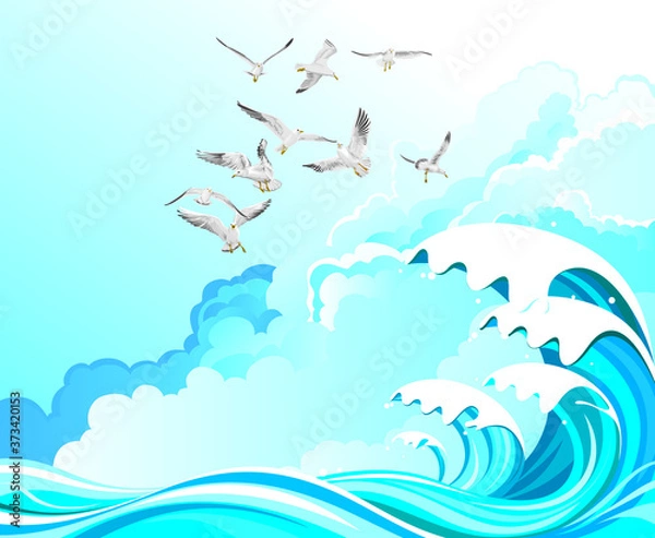 Fototapeta Seagulls flying over high ocean waves set against a cloudy blue sky