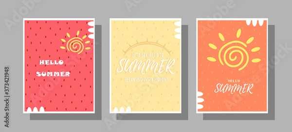 Obraz Set of summer greeting cards with the sun on a strawberry background with space for text. Vector illustration for a website, posters, ads, banners, advertising materials, coupons.