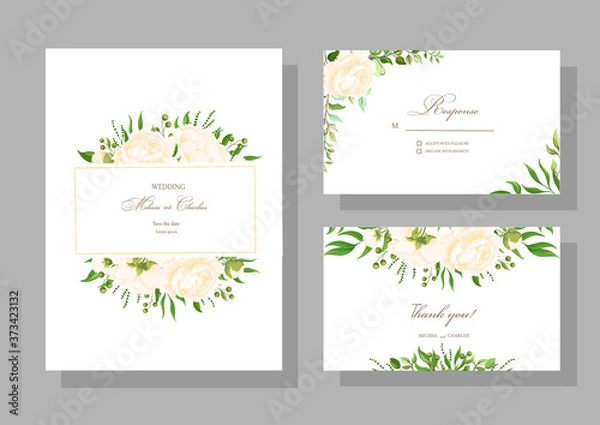 Fototapeta Botanical map with wild leaves. Set of wedding invitations with peonies, leaves and grass garlands with green foliage of exotic tropical plants. Vector graphics.