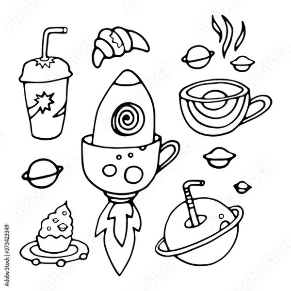 Fototapeta Tea Cup and coffee Cup in space style. Cupcakes and croissants in space. Banner for cafes, restaurants, and menus. Cafe in outer space. Rocket carrier of coffee and tea. Corporate identity for the caf
