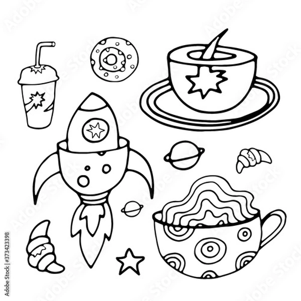 Fototapeta Tea Cup and coffee Cup in space style. Cupcakes and croissants in space. Banner for cafes, restaurants, and menus. Cafe in outer space. Rocket carrier of coffee and tea. Corporate identity for the caf