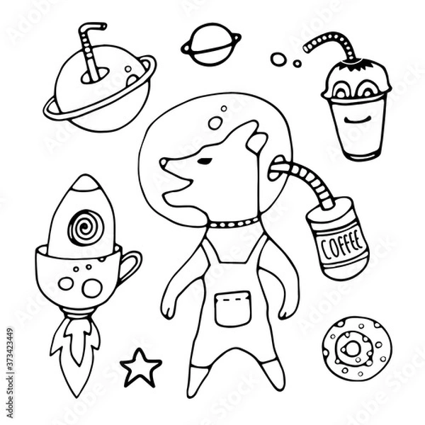 Fototapeta Tea Cup and coffee Cup in space style. Cupcakes and croissants in space. Banner for cafes, restaurants, and menus. Cafe in outer space. Rocket carrier of coffee and tea. Corporate identity for the caf