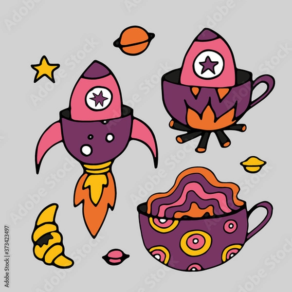 Fototapeta Tea Cup and coffee Cup in space style. Cupcakes and croissants in space. Banner for cafes, restaurants, and menus. Cafe in outer space. Rocket carrier of coffee and tea. Corporate identity for the caf