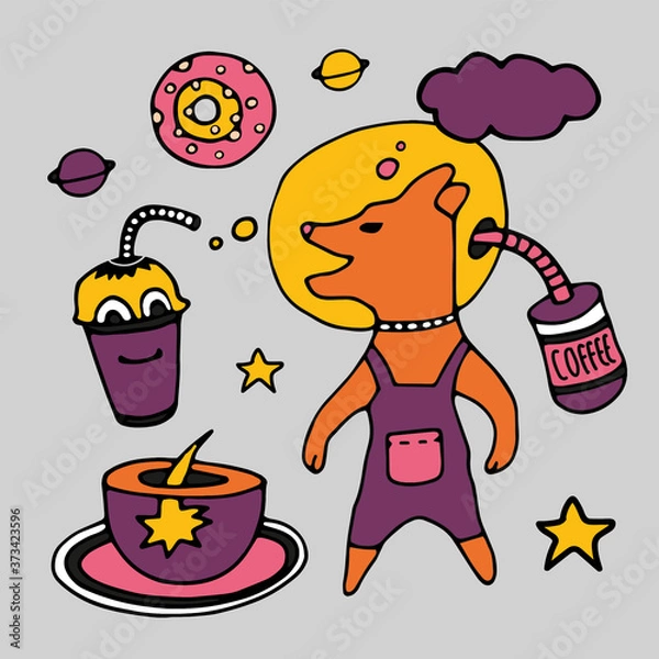 Fototapeta Tea Cup and coffee Cup in space style. Cupcakes and croissants in space. Banner for cafes, restaurants, and menus. Cafe in outer space. Rocket carrier of coffee and tea. Corporate identity for the caf