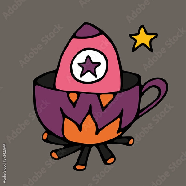 Fototapeta Tea Cup and coffee Cup in space style. Cupcakes and croissants in space. Banner for cafes, restaurants, and menus. Cafe in outer space. Rocket carrier of coffee and tea. Corporate identity for the caf