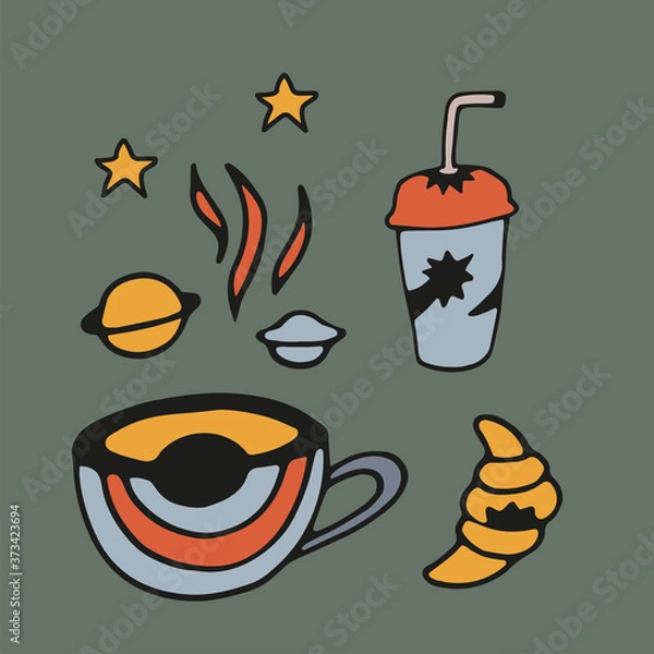 Fototapeta Tea Cup and coffee Cup in space style. Cupcakes and croissants in space. Banner for cafes, restaurants, and menus. Cafe in outer space. Rocket carrier of coffee and tea. Corporate identity for the caf