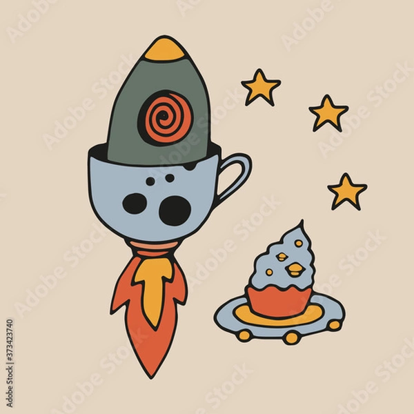 Fototapeta Tea Cup and coffee Cup in space style. Cupcakes and croissants in space. Banner for cafes, restaurants, and menus. Cafe in outer space. Rocket carrier of coffee and tea. Corporate identity for the caf