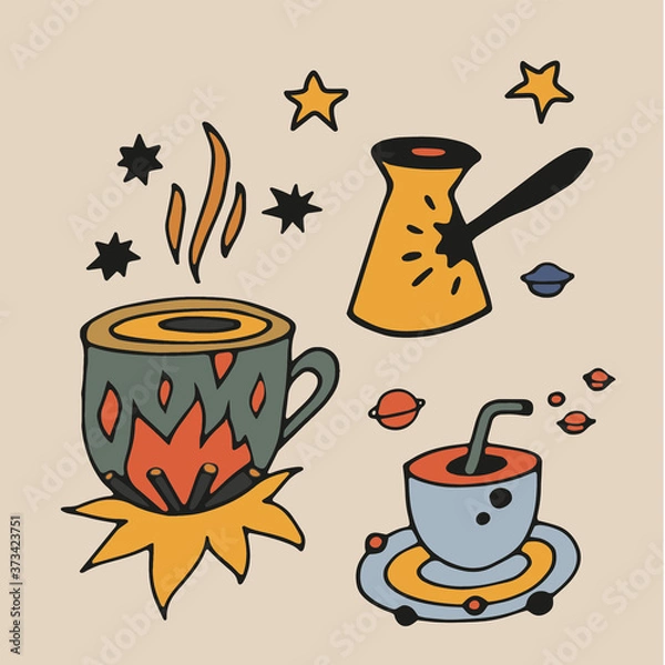 Fototapeta Tea Cup and coffee Cup in space style. Cupcakes and croissants in space. Banner for cafes, restaurants, and menus. Cafe in outer space. Rocket carrier of coffee and tea. Corporate identity for the caf