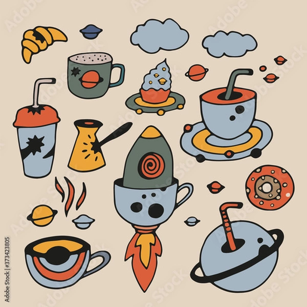 Fototapeta Tea Cup and coffee Cup in space style. Cupcakes and croissants in space. Banner for cafes, restaurants, and menus. Cafe in outer space. Rocket carrier of coffee and tea. Corporate identity for the caf