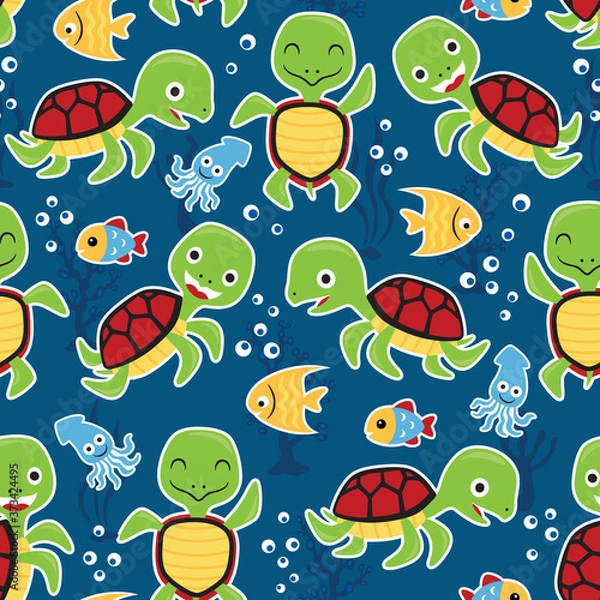 Obraz Seamless pattern vector with cute marine animals cartoon