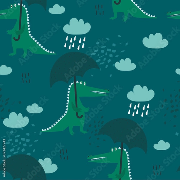 Obraz Seamless pattern, crocodiles with umbrellas, hand drawn overlapping backdrop. Colorful background vector. Illustration with animals, sky. Decorative wallpaper, good for printing