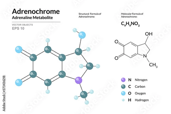 Fototapeta Adrenochrome. Adrenaline Metabolite. Structural Chemical Formula and Molecule 3d Model. Atoms with Color Coding. Vector Illustration