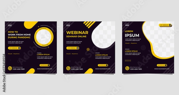 Obraz Social media post template, Working from home during pandemic. Set of webinar vector graphics, black and yellow background