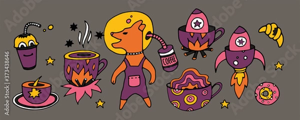 Fototapeta Set.Tea Cup and coffee Cup in space style. Cupcakes and croissants in space. Banner for cafes, restaurants, and menus. Cafe in outer space. Rocket carrier of coffee and tea. Corporate identity for the