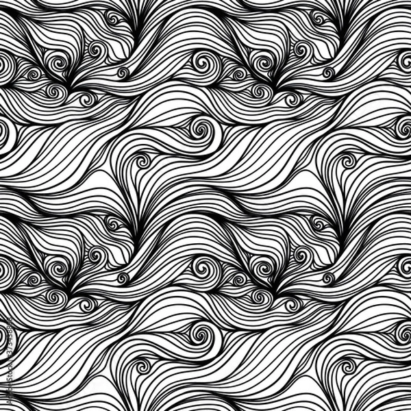 Fototapeta Seamless pattern with black linear twisted waves. Design for backdrops and colouring book with sea, rivers or water texture. Repeating texture.