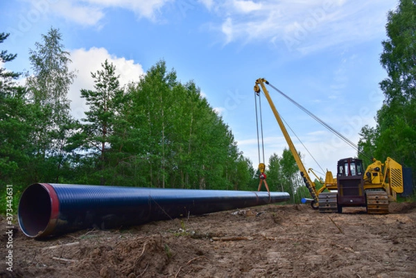 Fototapeta Pipelayer with side boom Installation of  gas and crude oil pipes in ground. Construction of the gas pipes to new LNG plant.