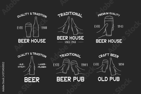 Fototapeta Set of beer house and pub labels for  menu or branding. Vector illustration with vintage emblems and badges for brewery.