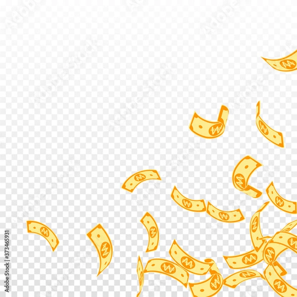Fototapeta Korean won notes falling. Floating WON bills on tr