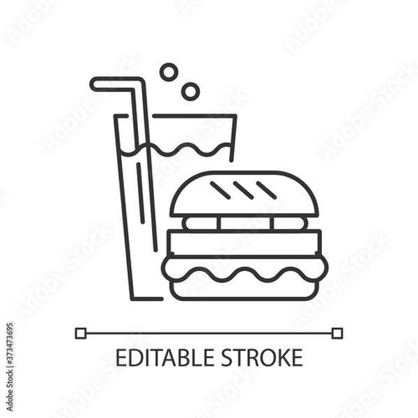Fototapeta Fast food linear icon. Eating area in water park thin line customizable illustration. Contour symbol. Takeout service. Fizzy drink and hamburger vector isolated outline drawing. Editable stroke