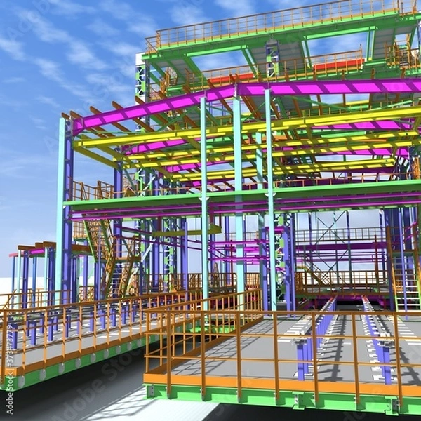 Fototapeta The cover of the project made with the use of BIM technology. 3D rendering. Presentation of the project for the customer, contractor and installers of the building made of metal structures.