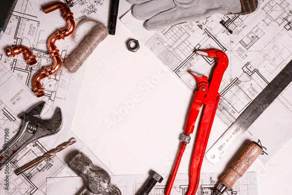Obraz plumbing tools and equipment on white with copy space