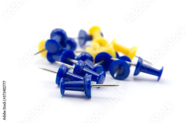 Obraz Yellow and blue writing buttons on white background