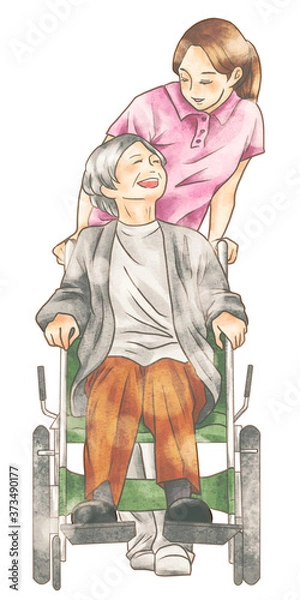 Obraz 介護スタッフと車いすの高齢者