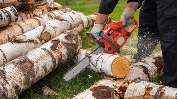 Fototapeta Man in gloves is sawing a tree trunk with a chainsaw. Birch, power saw, sawdust.