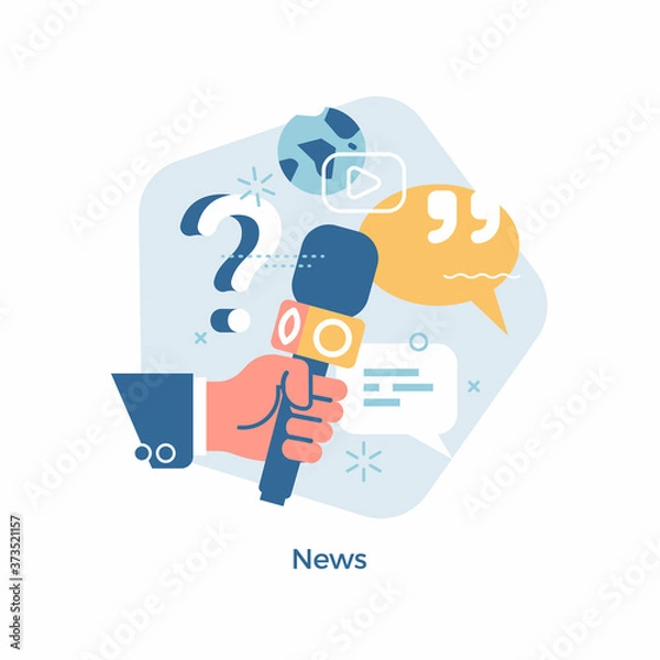 Fototapeta Quality vector concept visual on global news, journalism, live press report or interview with hand holding microphone and abstract media icons and symbols. Press conference minimalistic illustration