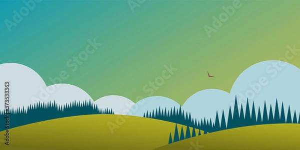 Obraz Landscape with fields, forests and clouds. Nice view of nature. Banner with place for text on the background of the sky. Vector illustration.