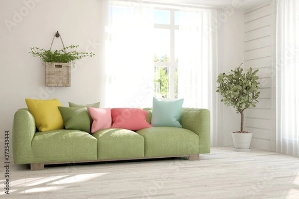 Fototapeta White stylish minimalist room with colorful sofa. Scandinavian interior design. 3D illustration