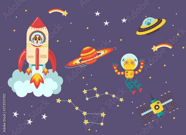 Obraz Funny kids space transport set. Spaceship, UFO, space station and space robot cartoon vector illustration isolated on dark background