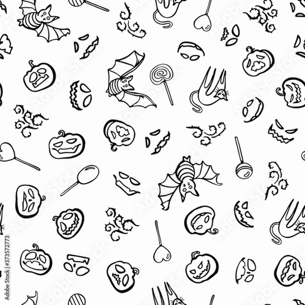 Fototapeta Vector doodle spooky halloween seamless pattern. Hand drawn line all over art design. Food, packaging, surface design . Modern brush design. Perfect for your creepy party.